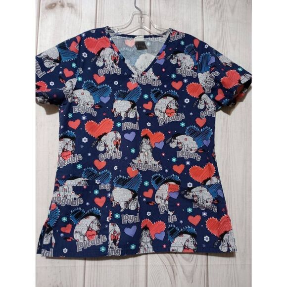 Eeyore‎ Scrub Top Ladies Small Navy Gray Heart VNeck - Picture 1 of 8